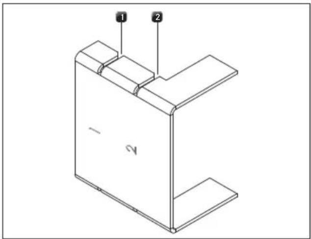 Technical diagram of a 3D mechanical part with labeled parts 1 and 2