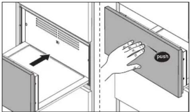 Diagram illustrating a door lock mechanism with hand placement and push button labeled 'push'