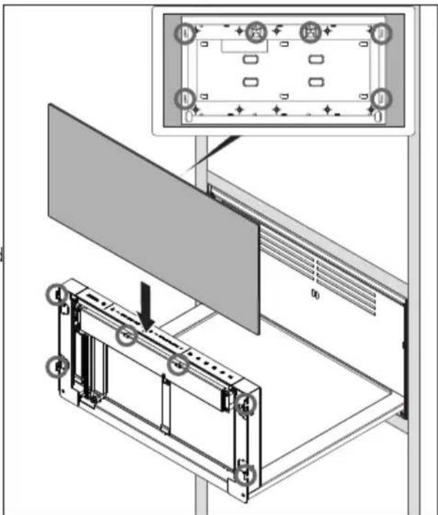 Technical diagram showing a door panel installation with labeled components and directional arrows indicating flow or movement.