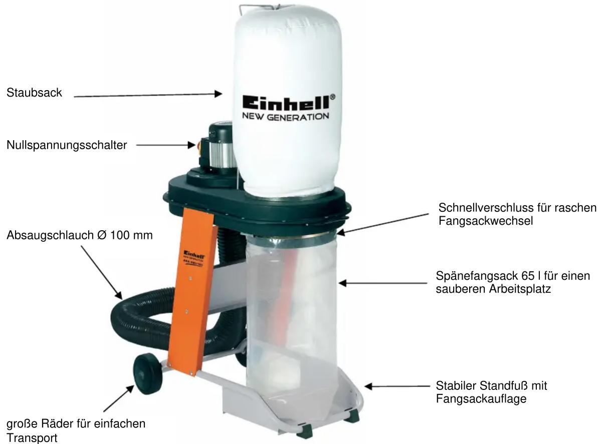 Staubsack Nullspannungsschalter Absaugschlauch Ø 100 mm Große Räder für einfachen Transport Einhell® NEW GENERATION Schnellverschluss für raschen Fangsackwechsel Spänefangsack 65 l für einen sauberen Arbeitsplatz Stabiler Standfuß mit Fangsackauflage