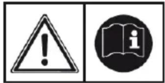 Warning symbol and icon: triangular warning triangle with exclamation mark, circular icon with open book and lowercase 'i' inside.