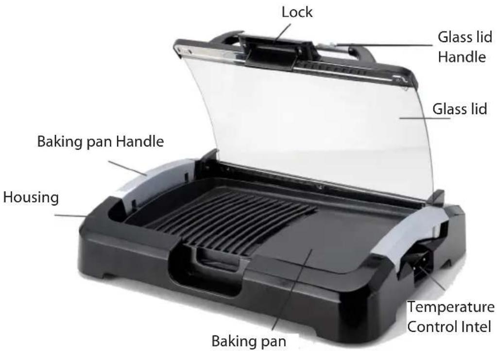 Lock Glass lid Handle Glass lid Baking pan Handle Housing Temperature Control Intel Baking pan