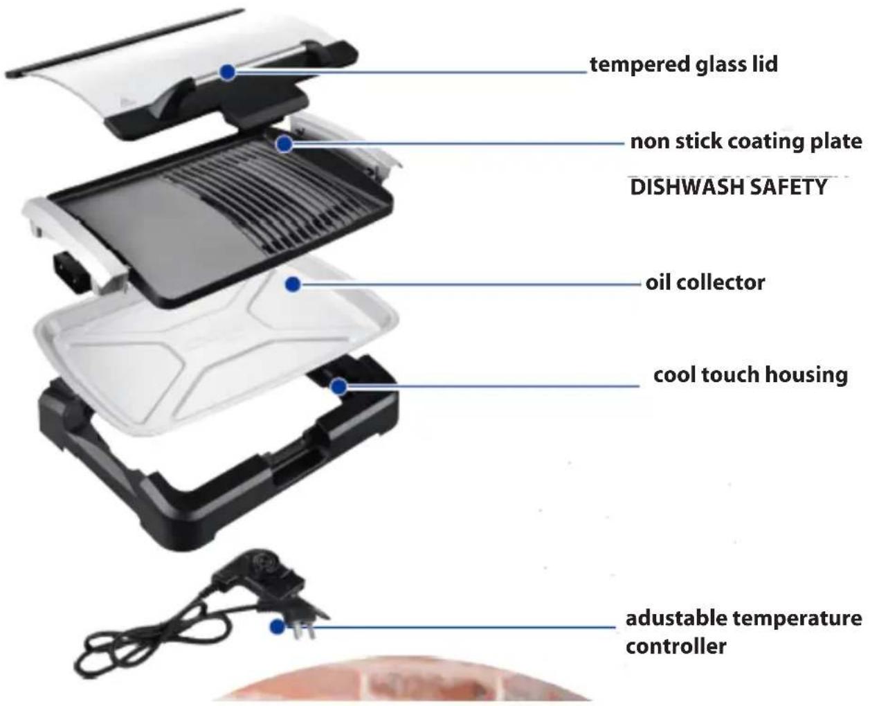 tempered glass lid non stick coating plate DISHWASH SAFETY oil collector cool touch housing adjustable temperature controller