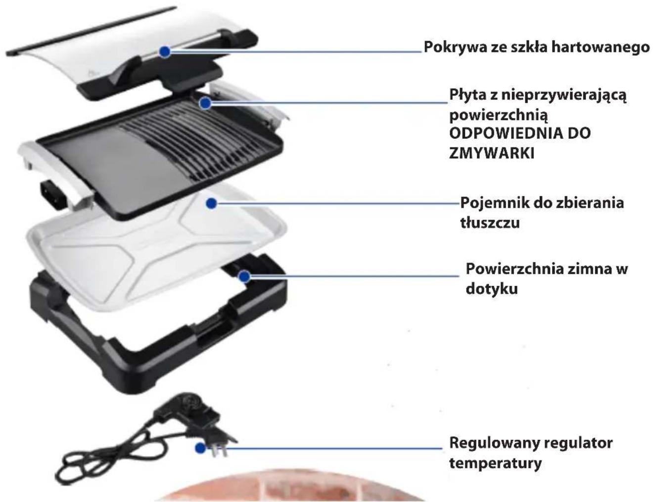 Pokrywa ze szkła hartowanego Płyta z nieprzywierającą powierzchnią ODPOWIEDNIA DO ZMYWARKI Pojemnik do zbierania tłuszczu Powierzchnia zimna w dotyku Regulowany regulator temperatury