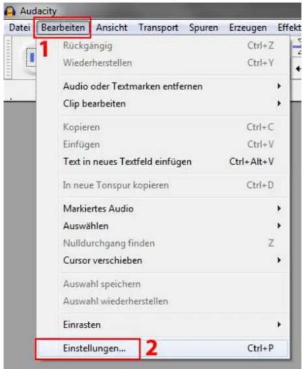 Audiacity Datei Bearbeiten Ansicht Transport Spuren Erzeugen Effekt 1 Rückgängig Ctrl+Z Wiederherstellen Ctrl+Y Audio oder Textmarken entfernen Clip bearbeiten Kopieren Ctrl+C Einfügen Ctrl+V Text in neues Textfeld einfügen Ctrl+Alt+V In neue Tonspur kopieren Ctrl+D Markiertes Audio Auswählen Nulldurchgang finden Z Cursor verschieben Auswahl speichern Auswahl wiederherstellen Einrasten Einstellungen... 2 Ctrl+P