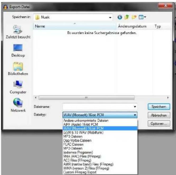 Export-Datei Speichen in: Music Name Änderungsdatum Typ Zuletzt besucht Desktop Bibliotheken Computer Netzwerk Es wurden keine Suchergebnisse gefunden. Dateiname: Datetyp: WAV (Microsoft) 16-bit PCM Andere unkomprimierte Dateien AIFF (Apple) 16-bit PCM WAV (Microsoft) 16-bit PCM GSM 6.10 WAV (Mobitfunk) MP3-Dateien Ogo-Vorbis-Dateien FLAC-Dateien MP2-Dateien (external Programm) M4A (AAC) Files (FFmpeg) AC3 Files (FFmpeg) AMR (narrow band) Files (FFmpeg) WMA (version 2) Files (FFmpeg) Custom Fmppeg Export Speichen /Abbrachan Optionen...