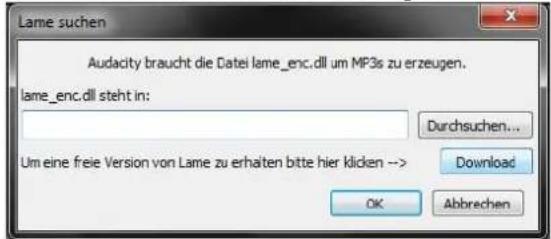 Lame suchen Audacity braucht die Datei lame_enc.dll um MP3s zu erzeugen. lame_enc.dll steht in: Durchsuchen... Um eine freie Version von Lame zu erhalten bitte hier klicken --> Download OK Abbrehen