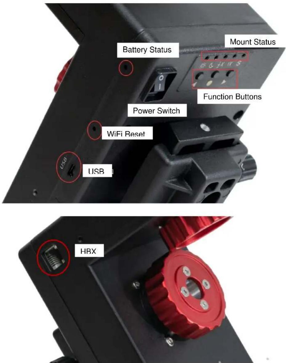 Battery Status Mount Status Function Buttons Power Switch WiFi Reset USB USB HBX