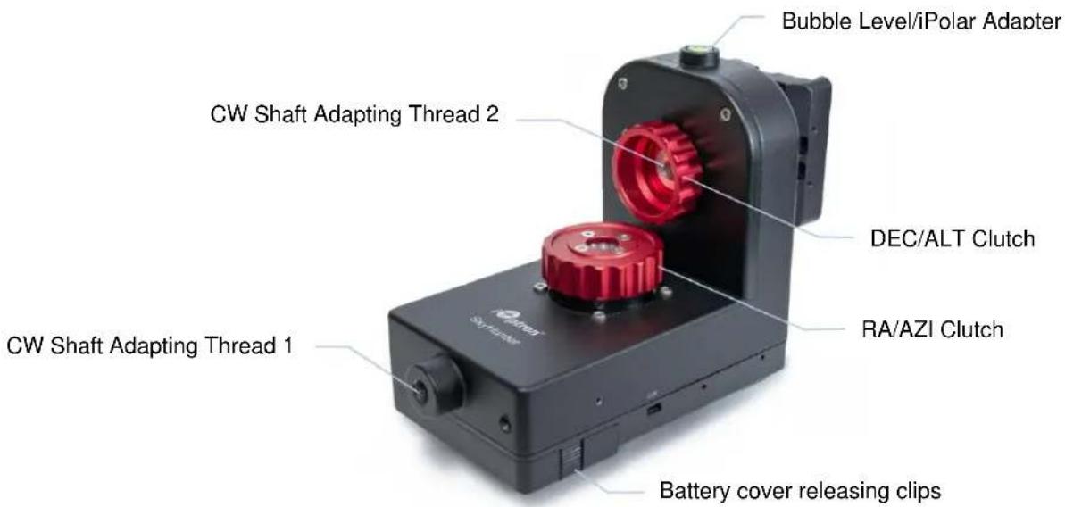 Bubble Level/iPolar Adapter CW Shaft Adapting Thread 2 DEC/ALT Clutch RA/AZI Clutch CW Shaft Adapting Thread 1 Battery cover releasing clips