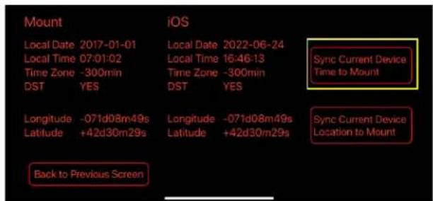 Mount Local Date 2017-01-01 Local Date 2022-06-24 Local Time 07:01:02 Local Time 16:46:13 Time Zone -300min Time Zone -300min DST YES DST YES Longitude -071d08m49s Longitude -071d08m49s Sync Current Device Latitude +42d30m29s Latitude +42d30m29s Location to Mount Back to Previous Screen