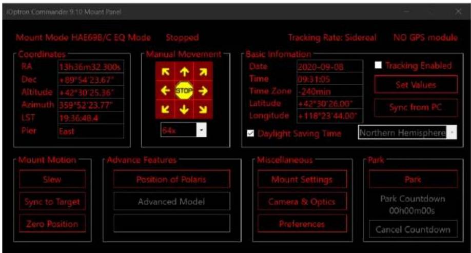 Option Commander 9.10 Mount Panel Mount Mode HAE69B/C EQ Mode Stopped Tracking Rate: Sidereal NO GPS module Coordinates Manual Movement Basic Information Date 2020-09-08 Tracking Enabled RA 13h36m32 300s Time 09:31:05 Set Values Dec +89°54'23.67" Time Zone -240min Altitude +42°30'25.36" Latitude +42°30'26.00" Sync from PC Azimuth 359°52'23.77" Longitude +118°23'44.00" LST 19:36.48.4 Daylight Saving Time Northern Hemisphere Pier East 64x Mount Motion Advance Features Miscellaneous Park Slew Position of Polaris Mount Settings Park Countdown Sync to Target Advanced Model Camera & Optics 00h00m00s Zero Position Preferences Cancel Countdown
