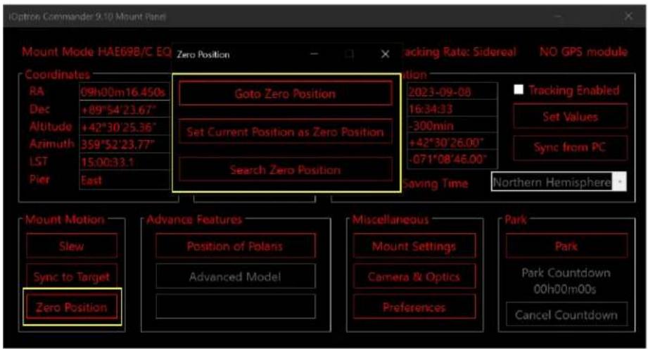 IOptron Commander 9.10 Mount Panel Mount Mode HAE69B/C EQ Zero Position Tracking Rate: Sidereal NO GPS module Coordinates RA 09h00m16.450s Goto Zero Position 2023-09-08 Dec +89°54'23.67" Set Current Position as Zero Position 16:34:33 Altitude +42°30'25.36" -300min Azimuth 359°52'23.77" +42°30'26.00" LST 15.00:33.1 -071°08'46.00" Pier East Search Zero Position Saving Time Northern Hemisphere Mount Motion Advance Features Miscellaneous Park Slew Position of Polans Mount Settings Park Sync to Target Advanced Model Camera & Optics Park Countdown Zero Position Preferences Cancel Countdown