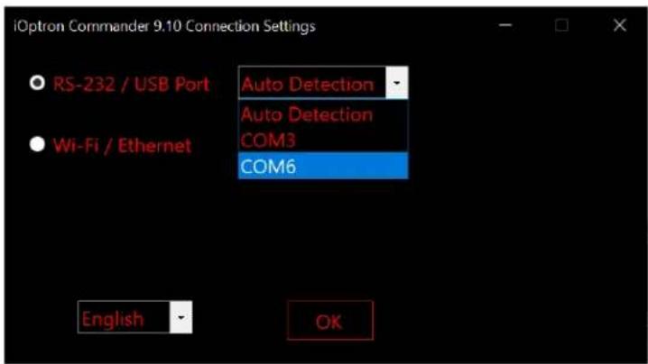 iOption Commander 9.10 Connection Settings RS-232 / USB Port Wi-Fi / Ethernet Auto Detection Auto Detection COM3 COM6 English OK