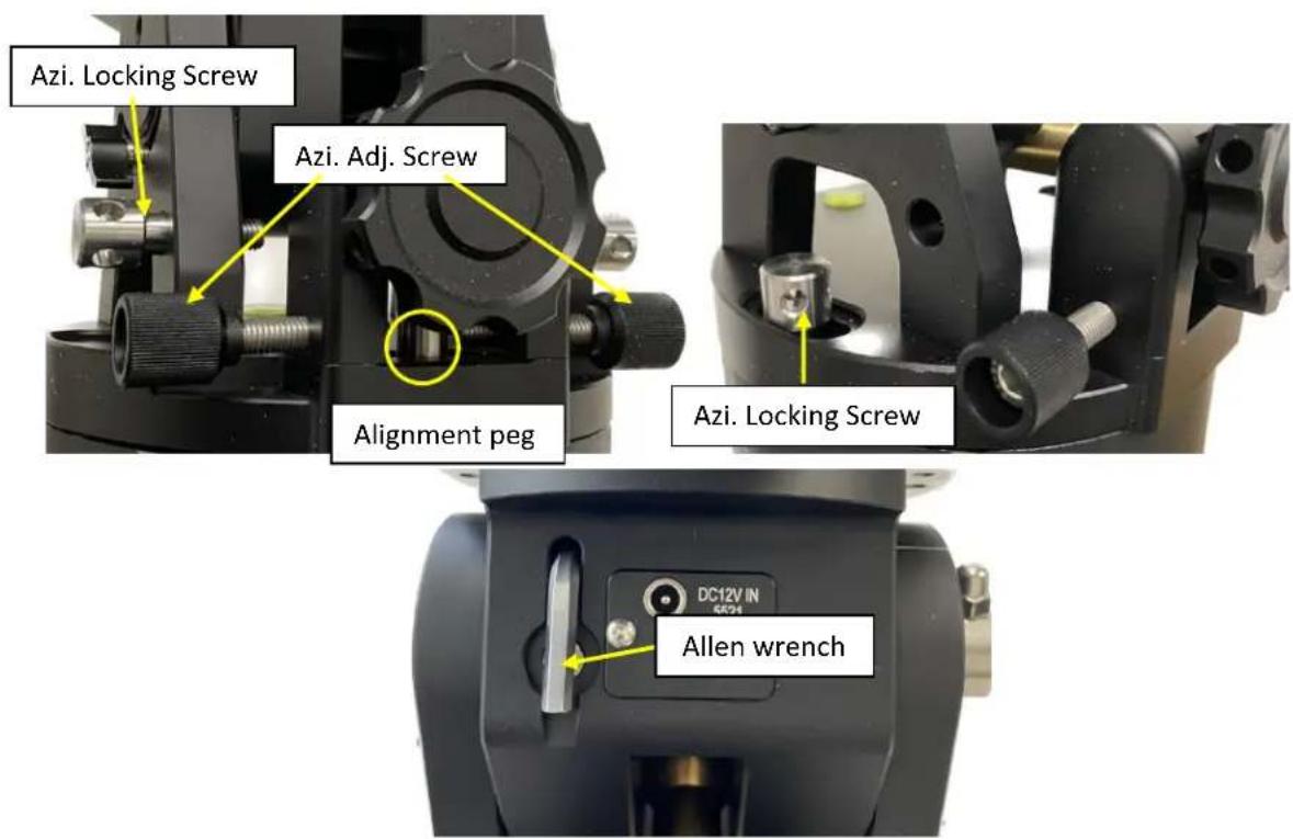 Azi. Locking Screw Azi. Adj. Screw Alignment peg Azi. Locking Screw Allen wrench