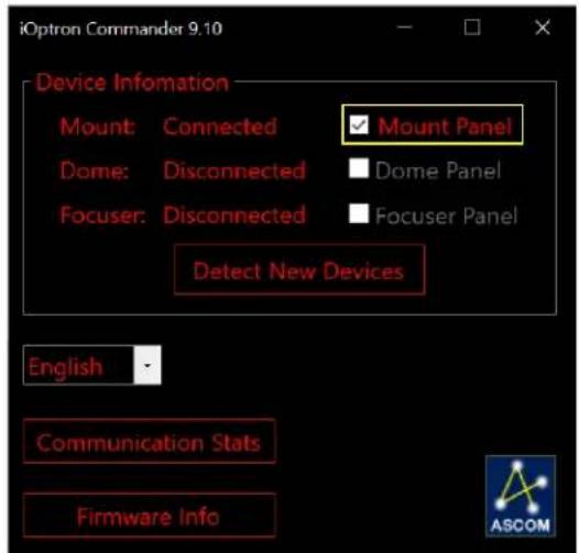 iOption Commander 9.10 Device Information Mount: Connected ✓ Mount Panel Dome: Disconnected ✓ Dome Panel Focuser: Disconnected ✓ Focuser Panel Detect New Devices English Communication Stats Firmware Info ASCOM