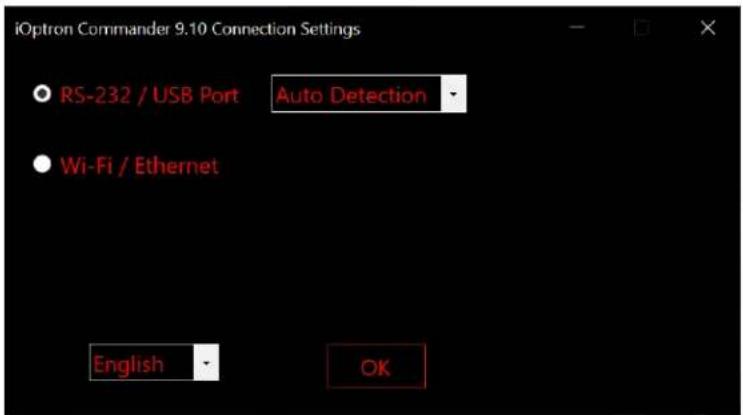 iOption Commander 9.10 Connection Settings • RS-232 / USB Port Auto Detection • Wi-Fi / Ethernet English OK