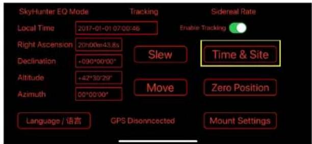 SkyHunter EQ Mode Tracking Sidereal Rate Local Time 2017-01-01 07:00:46 Enable Tracking Right Ascension 20h00m43.8s Declination +090°00'00" Altitude +42°30'29" Azimuth 00°00'00" Slew Time & Site Move Zero Position Language / 语言 GPS Disonncected Mount Settings