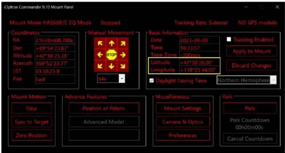 iOptron Commander 9.10 Mount Panel Mount Mode HAE69B/C EQ Mode Stopped Tracking Rate: Sidereal NO GPS module Coordinates Manual Movement Basic Information RA 21h38m08.700s Date 2023-09-08 Dec +89°54'23.67" Time 16:33:57 Altitude +42°30'25.36" Time Zone -300min Azimuth 359°52'23.77" Latitude +42°30'26.00" Longitude +118°23'44.00" LST 03:38:23.9 Daylight Saving Time Northern Hemisphere Pier East 64x Mount Motion Advance Features Miscellaneous Park Slew Position of Polaris Mount Settings Park Sync to Target Advanced Model Camera & Optics Park Countdown Zero Position Preferences Cancel Countdown Tracking Enabled Apply to Mount Discard Changes