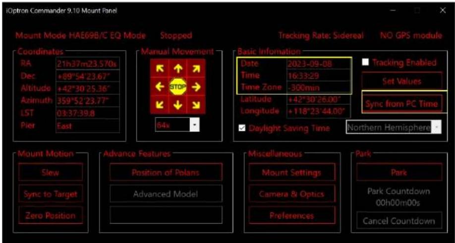 iOption Commander 9.10 Mount Panel Mount Mode HAE69B/C EQ Mode Stopped Tracking Rate: Sidereal NO GPS module Coordinates Manual Movement Basic Information Date 2023-09-08 Tracking Enabled RA 21h37m23.570s Time 16:33:29 Set Values Dec +89°54'23.67" Time Zone -300min Altitude +42°30'25.36" Latitude +42°30'26.00" Sync from PC Time Azimuth 359°52'23.77" Longitude +118°23'44.00" LST 03:37:39.8 Pier East 64x Daylight Saving Time Northern Hemisphere Mount Motion Advance Features Miscellaneous Park Slew Position of Polans Mount Settings Park Countdown Sync to Target Advanced Model Camera & Optics 00h00m00s Zero Position Preferences Cancel Countdown