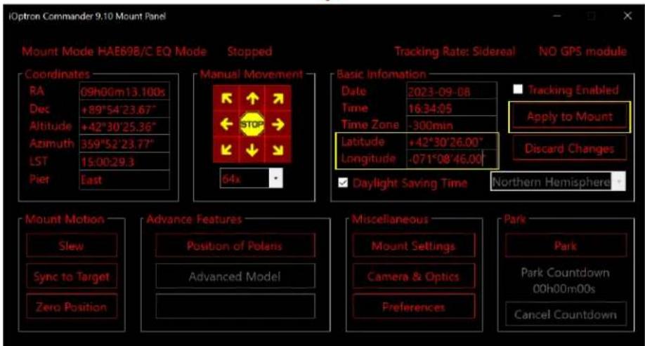 iOption Commander 9.10 Mount Panel Mount Mode HAE69B/C EQ Mode Stopped Tracking Rate: Sidereal NO GPS module Coordinates Manual Movement Basic Information Date 2023-09-08 Tracking Enabled RA 09h00m13.100s Time 16.34:05 Apply to Mount Dec +89°54'23.67" Time Zone -300min Altitude +42°30'25.36" Latitude +42°30'26.00" Discard Changes Azimuth 359°52'23.77" Longitude -071°08'46.00" LST 15:00:29.3 Daylight Saving Time Northern Hemisphere Pier East 64x Mount Motion Advance Features Miscellaneous Park Slew Position of Polaris Mount Settings Park Countdown Sync to Target Advanced Model Camera & Optics 00h00m00s Zero Position Preferences Cancel Countdown
