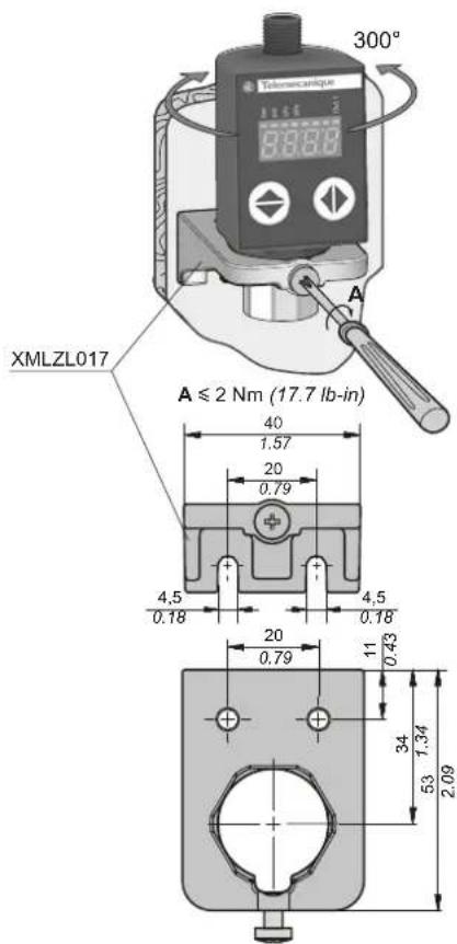 300° TElemercanique 8.8.8.8 A XMLZL017 A ≤ 2 Nm (17.7 lb-in) 40 1,57 20 0,79 4,5 0,18 4,5 0,18 20 0,79 11 0,43 34 53 1,34 2,09