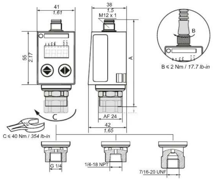 41 1.61 55 2.17 38 1.5 M12 x 1 A B ≤ 2 Nm / 17.7 lb-in C AF 24 42 1.65 C ≤ 40 Nm / 354 lb-in G 1/4 1/4-18 NPT 7/16-20 UNF