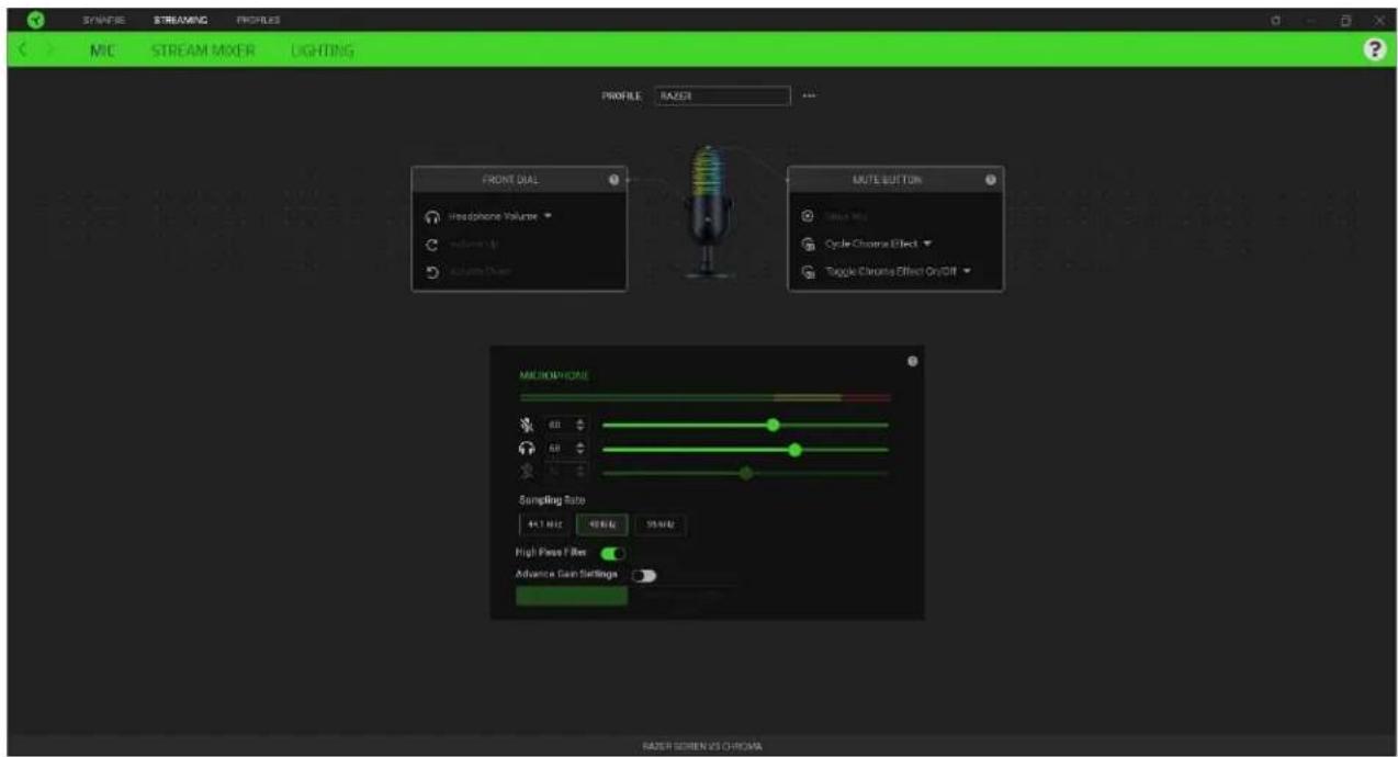 SMRSE STREAMS PROFILES MIC STREAM MIXER LIGHTING PROFILE: RAZER FRONT DIAL Headphone Volume Audio Input Audio Driver ROUTE BUTTON Dissin Mix Cycle Chance Effect Toggle Chance Effect On Off MACHINE PHONE Sampling Rate 4x1 MHz 40 MHz 50 MHz High Pass Filter Advance Gain Settings RAZER SCREEN VS CHROMA