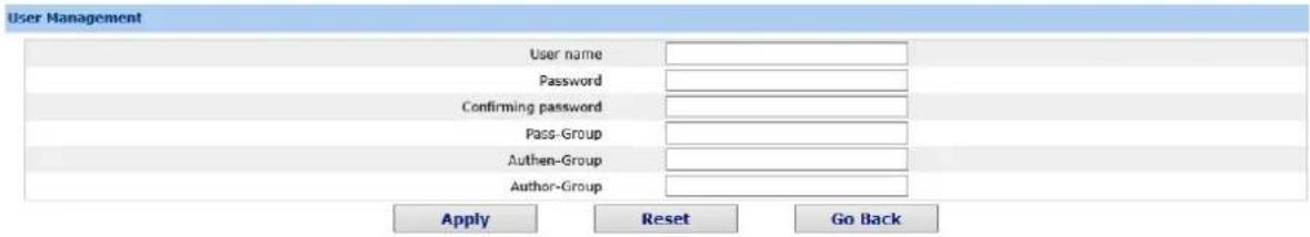 User Management User name Password Confirming password Pass-Group Authen-Group Author-Group Apply Reset Go Back