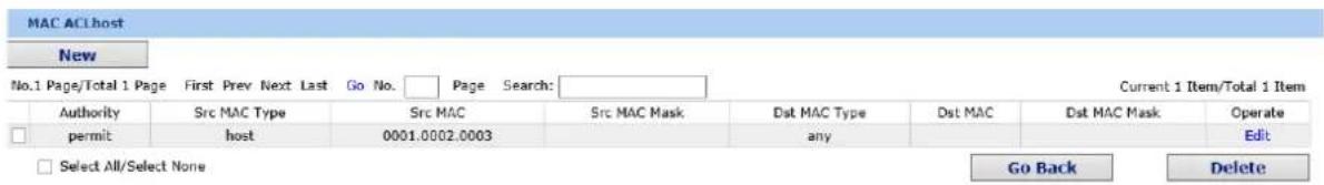 MAC AC1host New No.1 Page/Total 1 Page First Prev Next Last Go No. Page Search: Current 1 Item/Total 1 Item Authority Src MAC Type Src MAC Src MAC Mask Dst MAC Type Dst MAC Dst MAC Mask Operate permit host 0001.0002.0003 any Edit Select All/Select None Go Back Delete