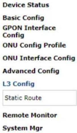 Device Status Basic Config GPON Interface Config ONU Config Profile ONU Interface Config Advanced Config L3 Config Static Route Remote Monitor System Mgr