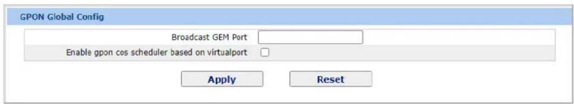 GPON Global Config Broadcast GEM Port Enable gpon cos scheduler based on virtualport Apply Reset