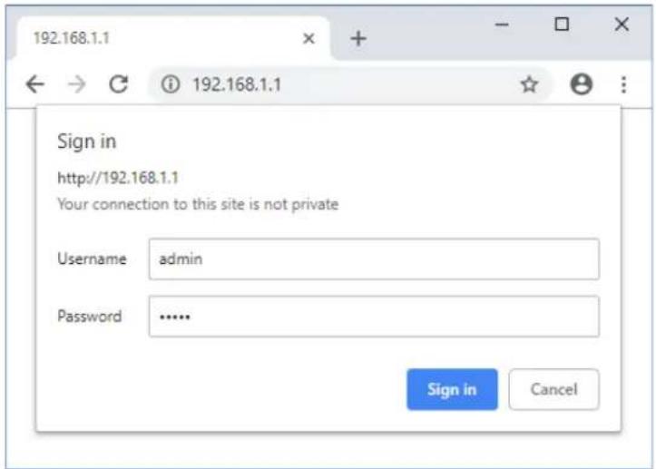 192.168.1.1 Sign in http://192.168.1.1 Your connection to this site is not private Username admin Password ...... Sign in Cancel