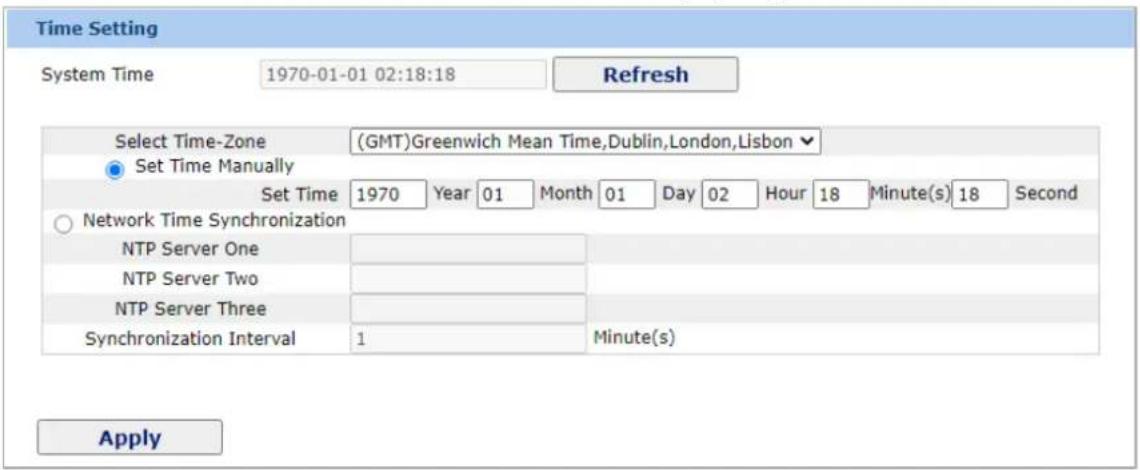 Time Setting System Time 1970-01-01 02:18:18 Refresh Select Time-Zone (GMT)Greenwich Mean Time,Dublin,London,Lisbon Set Time Manually Set Time 1970 Year 01 Month 01 Day 02 Hour 18 Minute(s) 18 Second Network Time Synchronization NTP Server One NTP Server Two NTP Server Three Synchronization Interval 1 Minute(s) Apply
