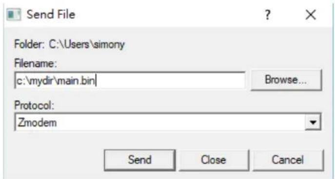Send File Folder: C:\Users\simony Filename: c:\mydir\main.bin| Browse... Protocol: Zmodem Send Close Cancel