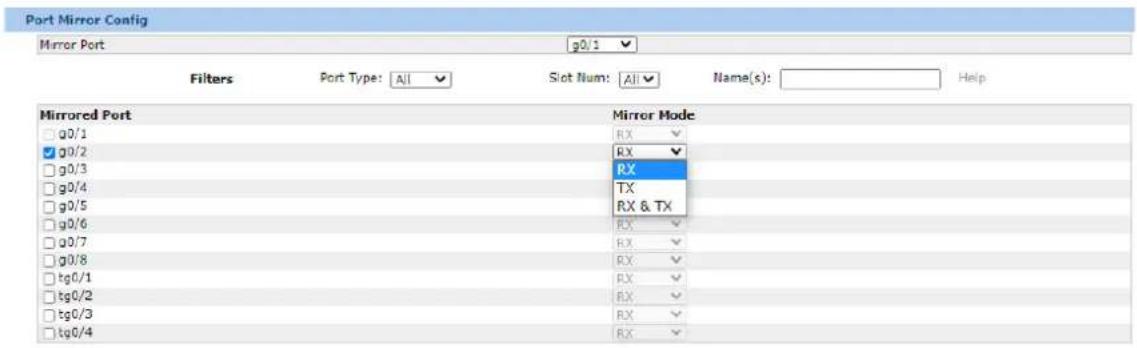 Port Mirror Config Mirror Port g0/1 Filters Port Type: All Slot Num: All Name(s): Help Mirrored Port Mirror Mode g0/1 RX g0/2 RX g0/3 RX g0/4 TX g0/5 RX & TX g0/6 RX g0/7 RX g0/8 RX tg0/1 RX tg0/2 RX tg0/3 RX tg0/4 RX