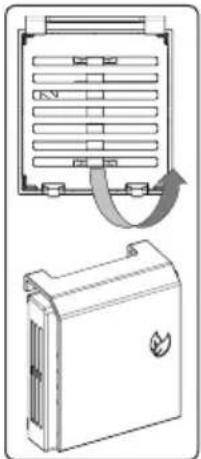 Diagram showing a device with labeled components and an arrow indicating rotation or movement, alongside a separate view of a battery casing.