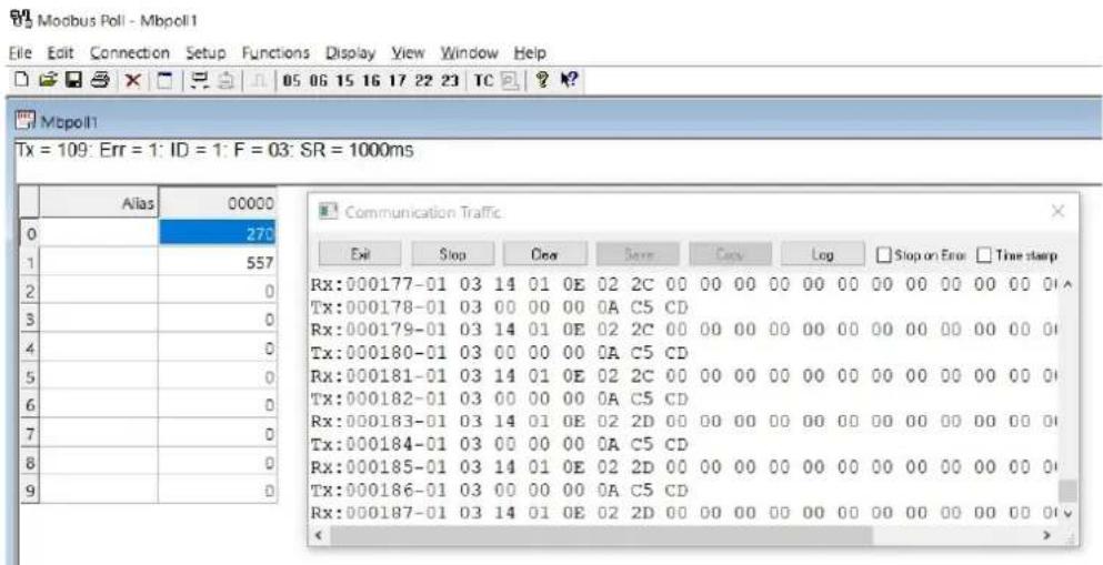 Modbus Poll - Mbpol1 File Edit Connection Setup Functions Display View Window Help Mbpol1 Tx = 109: Err = 1: ID = 1: F = 03: SR = 1000ms Alias 00000 0 270 1 557 2 0 3 0 4 0 5 0 6 0 7 0 8 0 9 0 Communication Traffic Exit Stop Clear Save Copy Log Stop on Err Time stamp Rx:000177-01 03 14 01 0E 02 2C 00 00 00 00 00 00 00 00 00 00 00 Tx:000178-01 03 00 00 00 0A C5 CD Rx:000179-01 03 14 01 0E 02 2C 00 00 00 00 00 00 00 00 00 00 Tx:000180-01 03 00 00 00 0A C5 CD Rx:000181-01 03 14 01 0E 02 2C 00 00 00 00 00 00 00 00 00 00 Tx:000182-01 03 00 00 00 0A C5 CD Rx:000183-01 03 14 01 0E 02 2D 00 00 00 00 00 00 00 00 00 00 Tx:000184-01 03 00 00 00 0A C5 CD Rx:000185-01 03 14 01 0E 02 2D 00 00 00 00 00 00 00 00 00 Tx:00O186-01 03 0O 0O 0O A C5 CD Rx:OOO187-01 03 14 01 0E 02 2D 0O OOO OOO OOO OOO OOO OOO