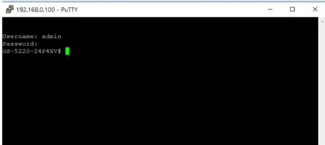 192.168.0.100 - PuTTY Username: admin Password: GS-5220-24P4XV#