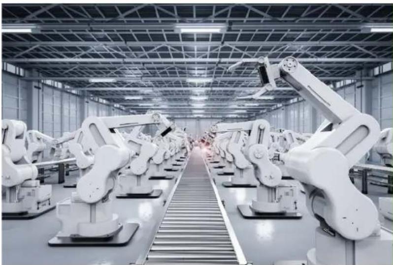 Interior view of a modern automated factory with rows of white robotic arms under a steel truss ceiling (no visible text or symbols)