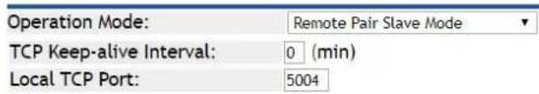 Operation Mode: Remote Pair Slave Mode TCP Keep-alive Interval: 0 (min) Local TCP Port: 5004