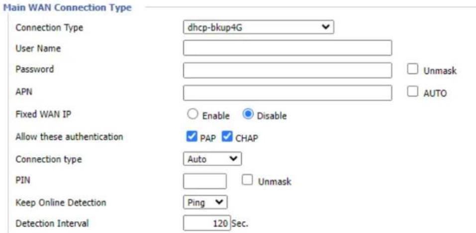 Main WAN Connection Type Connection Type dhcp-bkup4G User Name Password APN Fixed WAN IP Enable Disable Allow these authentication PAP CHAP Connection type Auto PIN Keep Online Detection Ping Detection Interval 120 Sec.