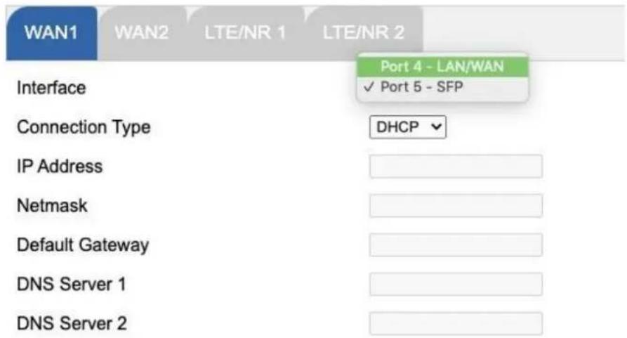 WAN1 WAN2 LTE/NR 1 LTE/NR 2 Interface Port 4 - LAN/WAN ✓ Port 5 - SFP Connection Type DHCP IP Address Netmask Default Gateway DNS Server 1 DNS Server 2