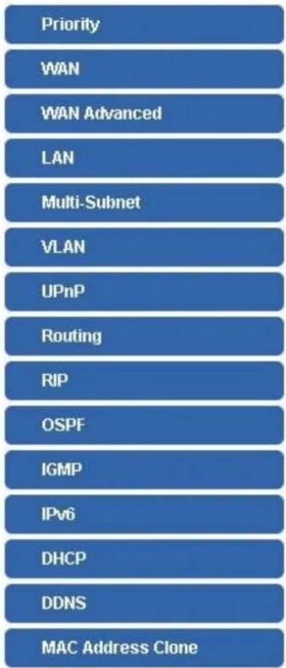 Priority WAN WAN Advanced LAN Multi-Subnet VLAN UPnP Routing RIP OSPF IGMP IPv6 DHCP DDNS MAC Address Clone
