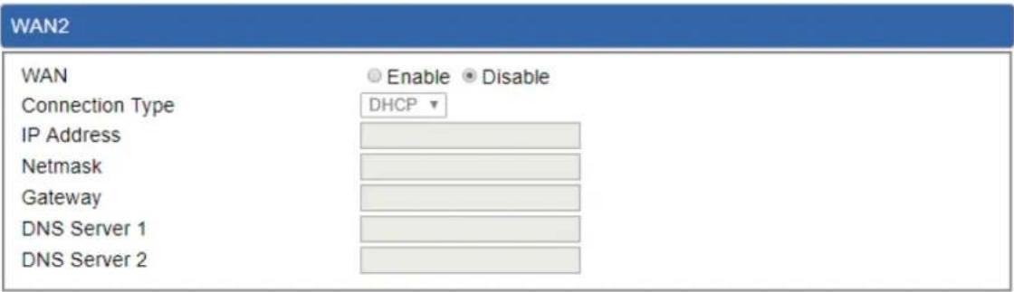 WAN2 WAN Connection Type IP Address Netmask Gateway DNS Server 1 DNS Server 2 Enable Disable DHCP ▼