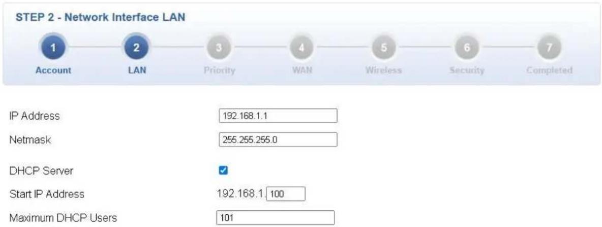 STEP 2 - Network Interface LAN | Stage | IP Address | Netmask | | :--- | :--- | :--- | | Account | 192.168.1.1 | 255.255.255.0 | | LAN | 192.168.1.1 | 100 | | Priority | 192.168.1.1 | 101 | | WAN | 192.168.1.1 | 101 | | Wireless | 192.168.1.1 | 101 | | Security | 192.168.1.1 | 101 | | Completed | 19…