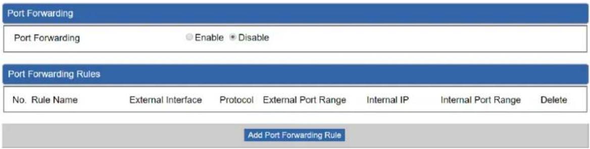 Port Forwarding Port Forwarding Enable Disable Port Forwarding Rules No. Rule Name External Interface Protocol External Port Range Internal IP Internal Port Range Delete Add Port Forwarding Rule