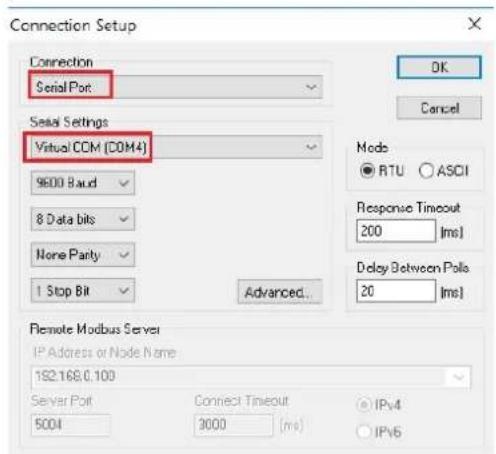 Connection Setup Connection Serial Port Serial Settings Virtual COM (COM4) 9600 Baud 8 Data bits None Party 1 Stop Bit Advanced... Mode ● RTU ○ ASCII Response Timeout 200 [ms] Delay Between Polio 20 [ms] Remote Modbus Server IP Address or Node Name 192.168.0.100 Server Port 5004 Connect Timeout 3000 [ms] ● IPv4 ○ IPv6