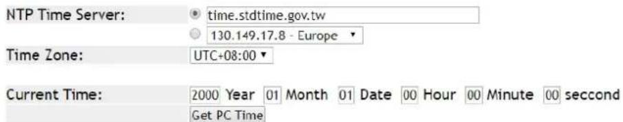 NTP Time Server: time.stdtime.gov.tw 130.149.17.8 - Europe Time Zone: UTC+08:00 Current Time: 2000 Year 01 Month 01 Date 00 Hour 00 Minute 00 second Get PC Time