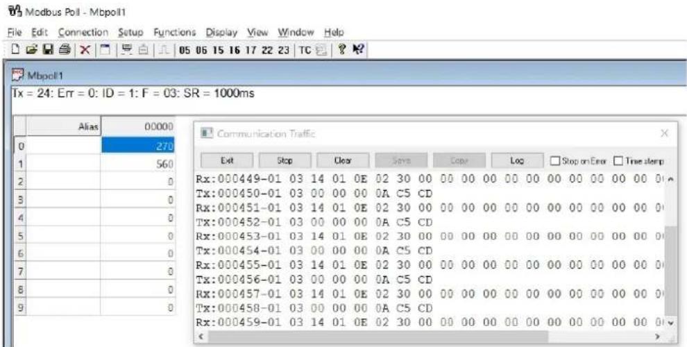 Modbus Poll - Mbpol1 File Edit Connection Setup Functions Display View Window Help 05 06 15 16 17 22 23 TC Mbpoll1 Tx = 24: Err = 0: ID = 1: F = 03: SR = 1000ms Alias 00000 0 270 1 560 2 0 3 0 4 0 5 0 6 0 7 0 8 0 9 0 Communication Traffic Exit Stop Clear Save Copy Log Stop on Error True sleep Rx:000449-01 03 14 01 0E 02 30 00 00 00 00 00 00 00 00 00 00 Tx:000450-01 03 00 00 00 0A C5 CD Rx:000451-01 03 14 01 0E 02 30 00 00 00 00 00 00 00 00 00 Tx:000452-01 03 00 00 00 0A C5 CD Rx:000453-01 03 14 01 0E 02 30 00 00 00 00 00 00 00 00 00 Tx:000454-01 03 00 00 00 0A C5 CD Rx:000455-01 03 14 01 0E 02 30 00 00 00 00 00 00 00 00 00 Tx:000456-01 03 00 00 00 0A C5 CD Rx:000457-01 03 14 01 0E 02 30 00 00 00 00 00 00 00 00 0 Tx:OOO458-01 03 3D 3D Rx:OOO459-91 14.14.14.14.14.14.14.14.14.14.14.14.14.14.14.14.14.14.14.14.14.14.14.14.14.14.14.14.14.14.14.14.14.14.2 <