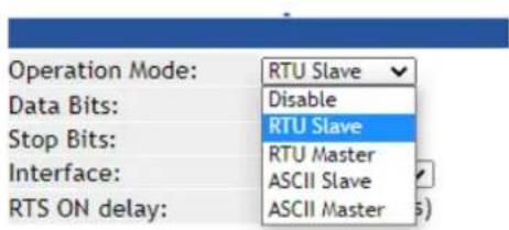 Operation Mode: RTU Slave Data Bits: Disable Stop Bits: RTU Slave Interface: RTU Master RTS ON delay: ASCII Master